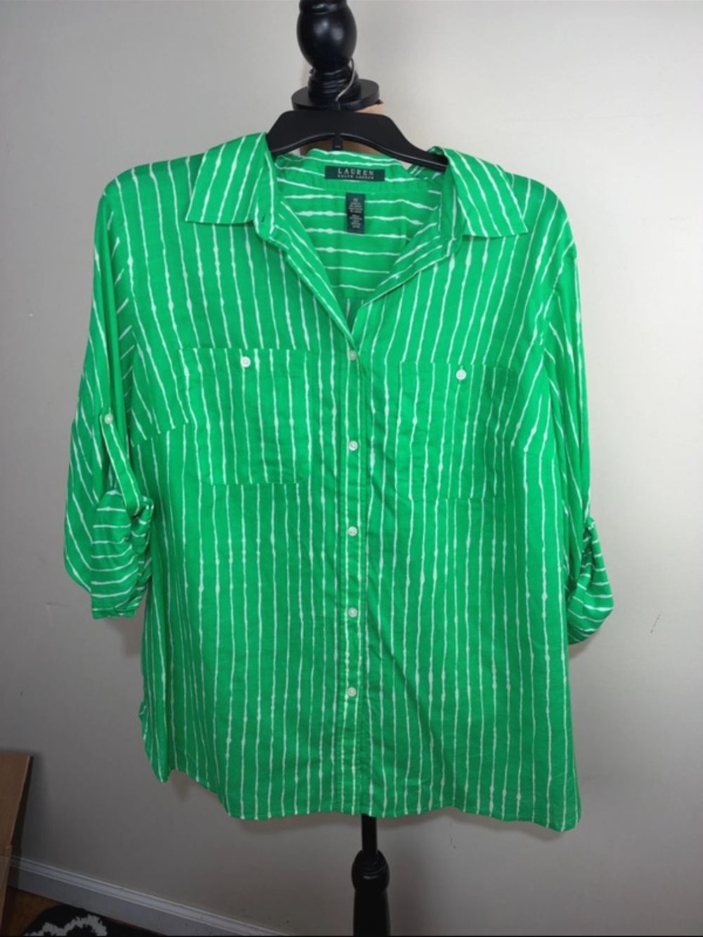 Ralph Lauren cotton Green & White Vertical Stripe Button Down Blouse Size 1X